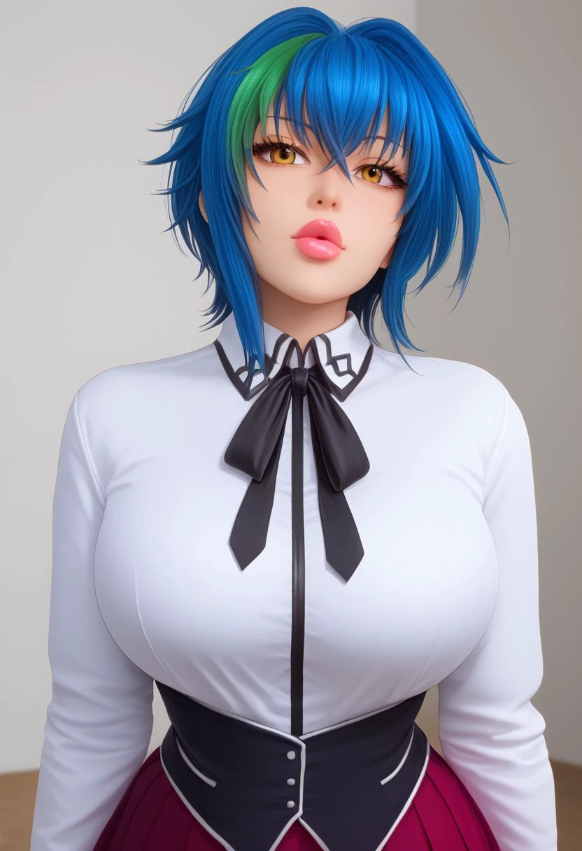 Masterpiece, best quality, high quality, highres, 4k, detailed face, perfecteyes, Expressiveh, xenovia quarta, blue hair, green streak, short hair, yellow eyes, large breasts, shiny lips, lipgloss, gyaru, bmbplora, long eyelashes, kuohacademy, school uniform, black capelet, white shirt, black ribbon, neck ribbon, long sleeves, corset, red skirt, pleated skirt,