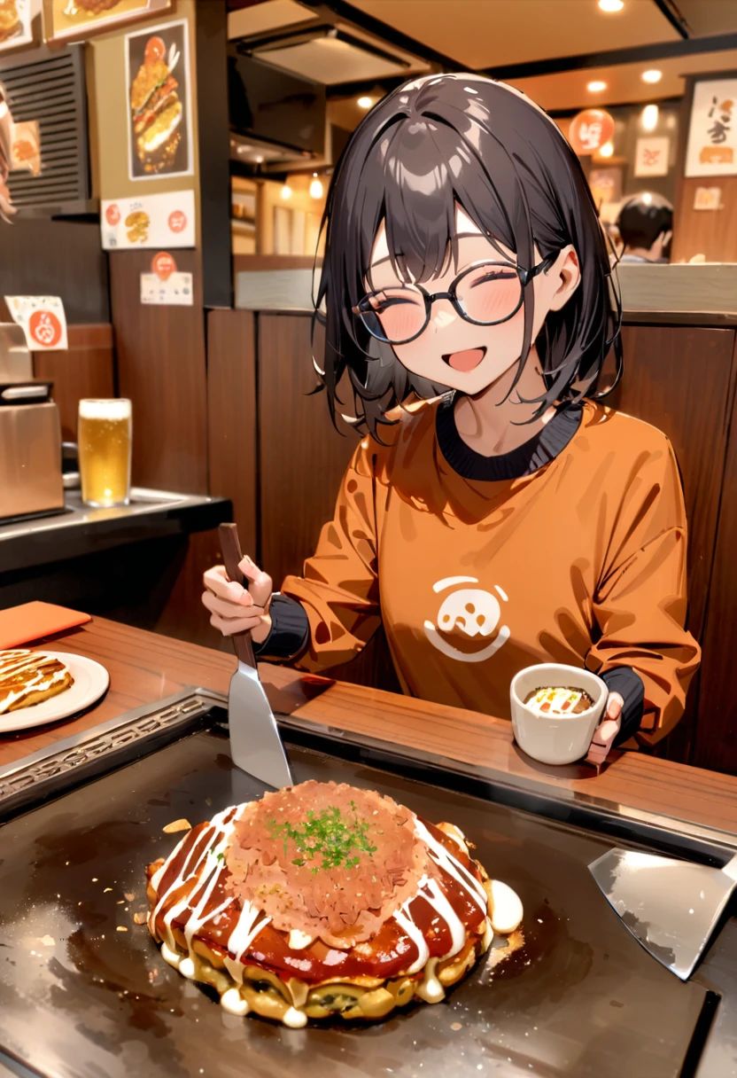 masterpiece, best quality, very aesthetic, absurdres,
1girl, glasses, black hair, open mouth, TEKOKOTE, holding TEKOKOTE, closed eyes, pov across table, sitting, plate, table, scenery, okonomiyaki, Teppan, food, restaurant, beer mug, holding, smile, indoors,
 <lora:okonomiyaki_SDXL_V4:1>