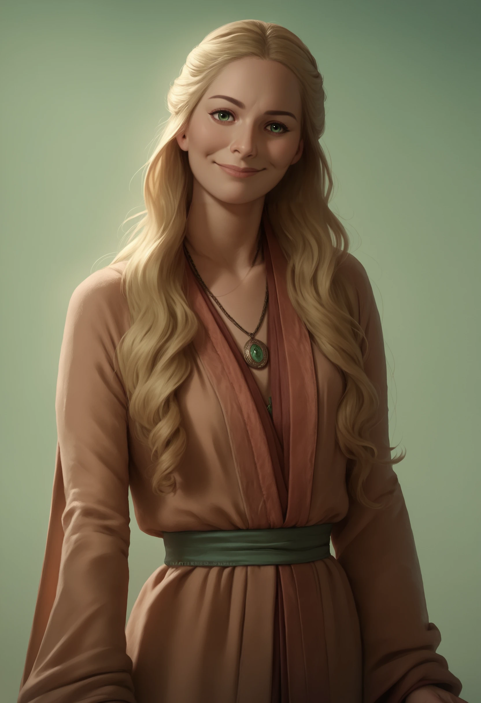 score_9, score_8_up, score_7_up, score_6_up, score_5_up, score_4_up, 1girl, <lora:CerseiLannister_r1:0.8> solo, medium breasts, long hair, blonde hair, green eyes, jewelry, necklace, robe, smile, 
light blue background, simple background, realistic,