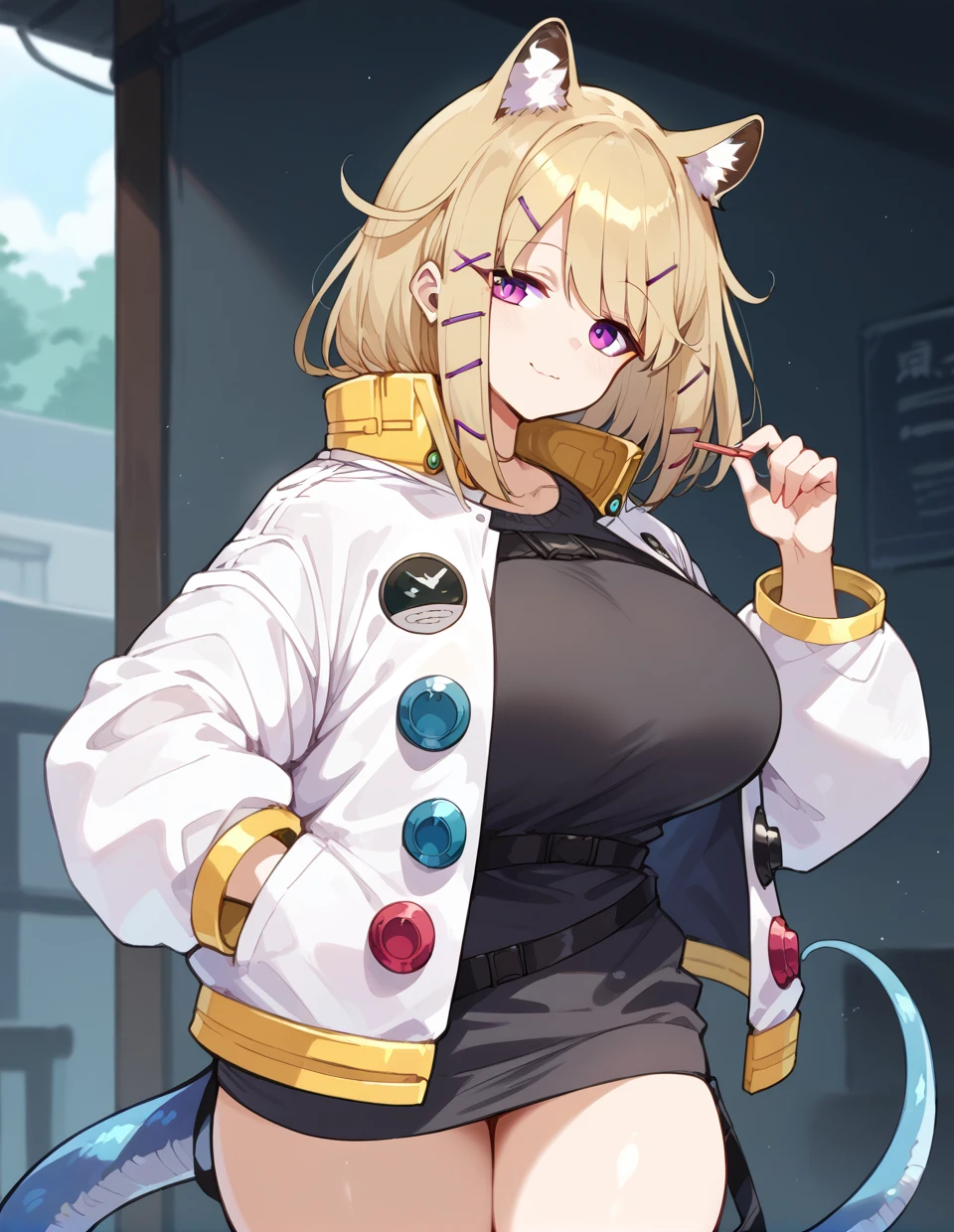 1girl,solo,<lora:utage(arknights)_pony:1>,utage(arknights),blonde hair,purple eyes,animal ears,animal ear fluff,hair ornament,hairclip,large breasts,tail,
jacket,white jacket,bangs,long sleeves,open clothes,open jacket,shirt,black shirt,jewelry,zettai ryouiki,thighs,belt,, score_9,score_8_up,score_7_up,score_6_up,score_5_up,score_4_up,