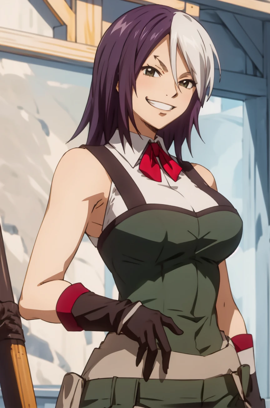 mary_hughes, large breasts, gloves,, sleeveless, bow, bare shoulders, uniform, suit, dark green full-body suit, white collared shirt,, smile, grin, upper body,