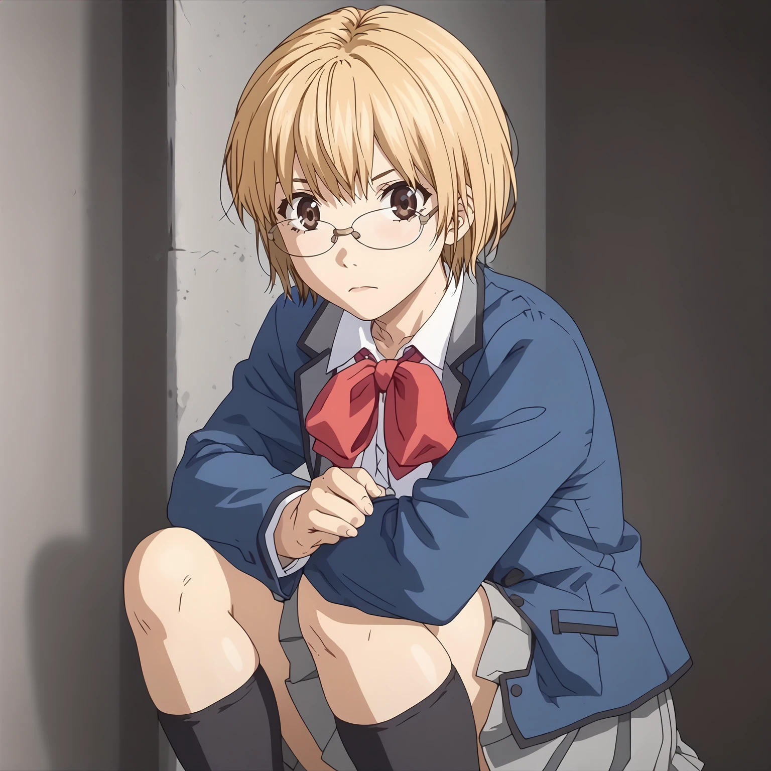 <lora:ShokoShimuraXLpony001>,
solo,
ShokoShimura,1girl,blonde hair,short hair,brown eyes,eyewear,
school_uniform,blue jacket,red bowtie,
pleated_skirt,gray skirt,
black socks,
realistic background,school,