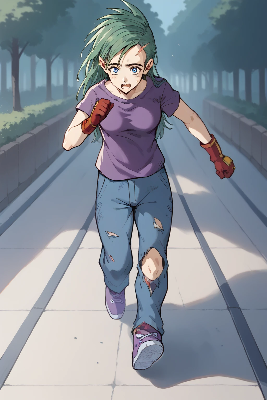 (score_9,score_8_up, score_7_up:1.0), source_anime,rating_safe, (Xkinerax:1.2), (running:1.0), frontal perspective, long wide jean pants with tears at the knees, big purple sneakers, purple t-shirt, beautiful face, Red gloves with yellow details, elbows, panic face,blue eyes<lora:EMS-405310-EMS:1.000000>