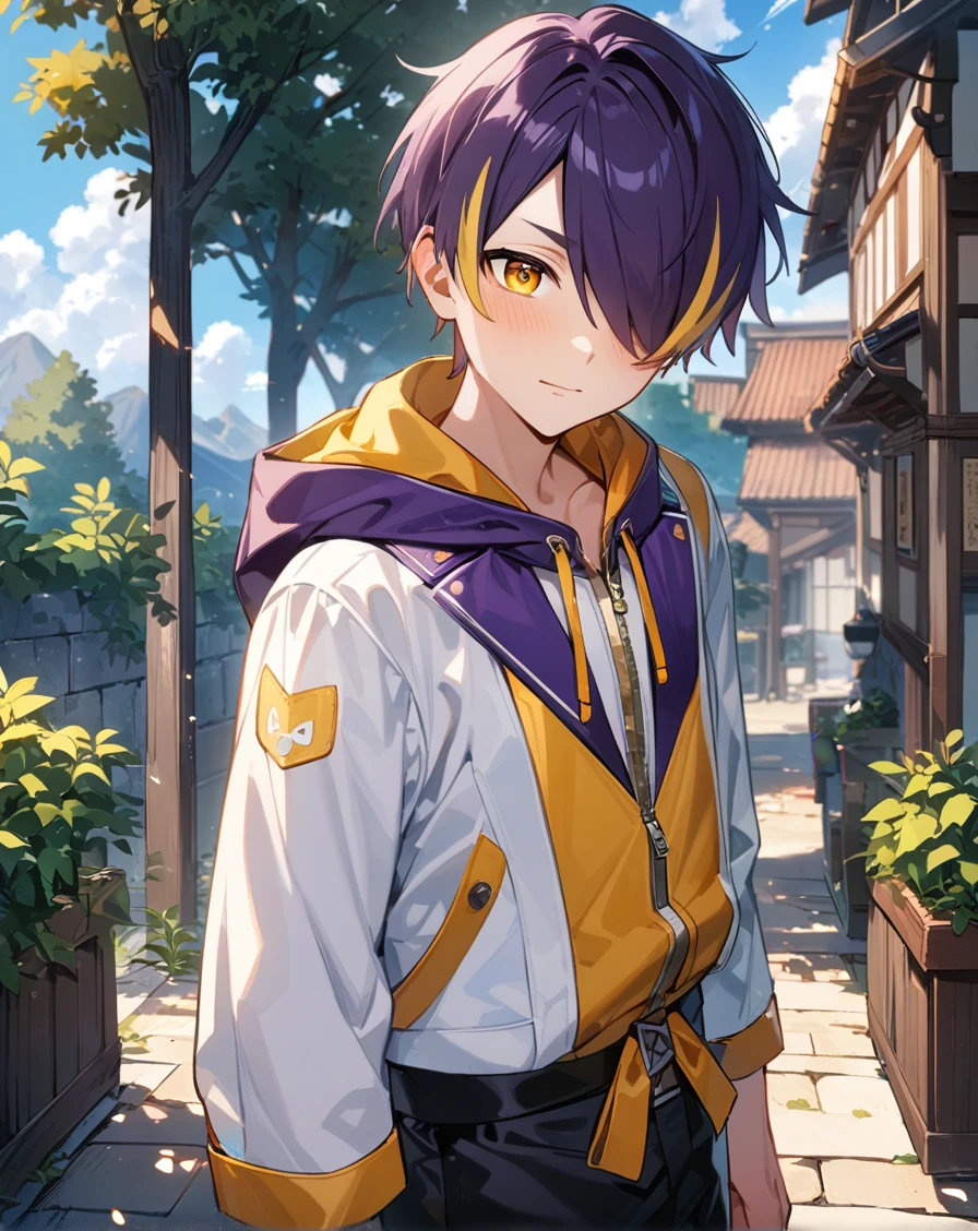 1boy, solo, male focus, cowboy shot, <lora:sengoku_shinobu_sdxl_lora:1>, (sengoku shinobu, purple hair, streaked hair, yellow hair, short hair, hair between eyes, bangs, yellow eyes), outdoors, looking at viewer, masterpiece, best quality, very aesthetic, absurdres, very detailed, safe, <lora:Lightning-8:0.5>