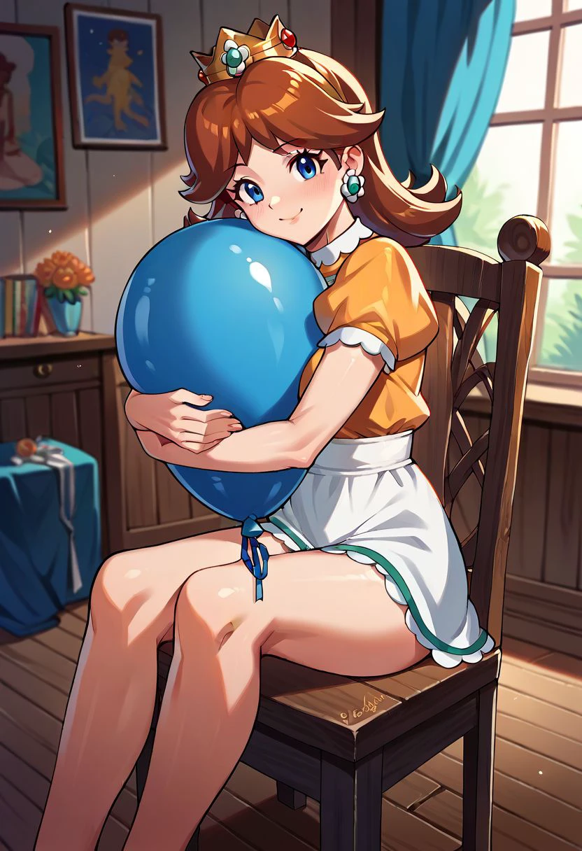 score_9, score_8_up, score_7_up, score_6_up, score_5_up, score_4_up, source_anime, princess daisy, hugging blue balloon, sitting in wooden chair, bedroom, looking at viewer