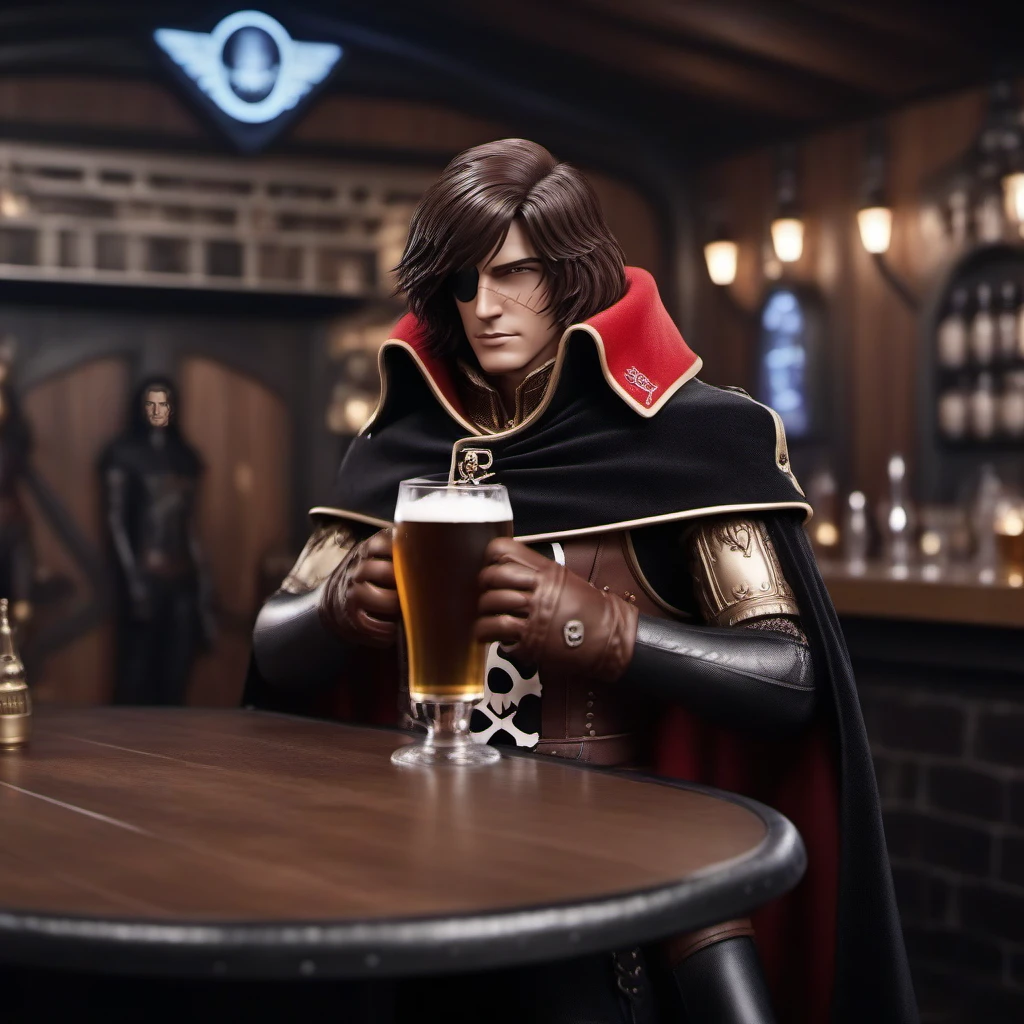 cinematic photo a full body man, cape, brown hair,  scar, black gloves, having a beer in a spaceopera tavern<lora:Albator1024_r1:0.8> . 35mm photograph, film, bokeh, professional, 4k, highly detailed