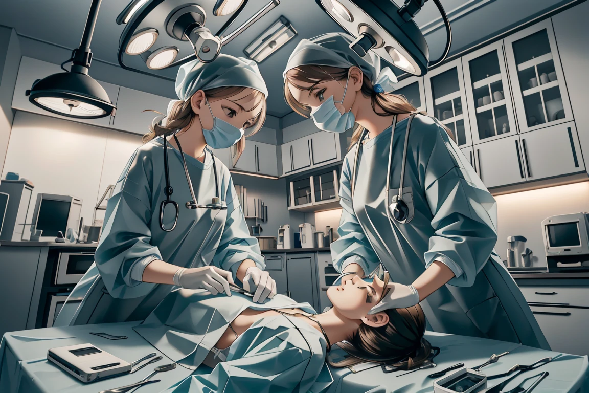 (RAW photo, best quality,facing the viewer,from front), operating room, overhead surgical light,blurred background, focused, dithering,backlighting,
 <lora:CM_Scene_Surgery_Homemade_V2.0-000007:0.85> scene_homemadesurg, surgical mask, multiple girls, intravenous drip, doctor,