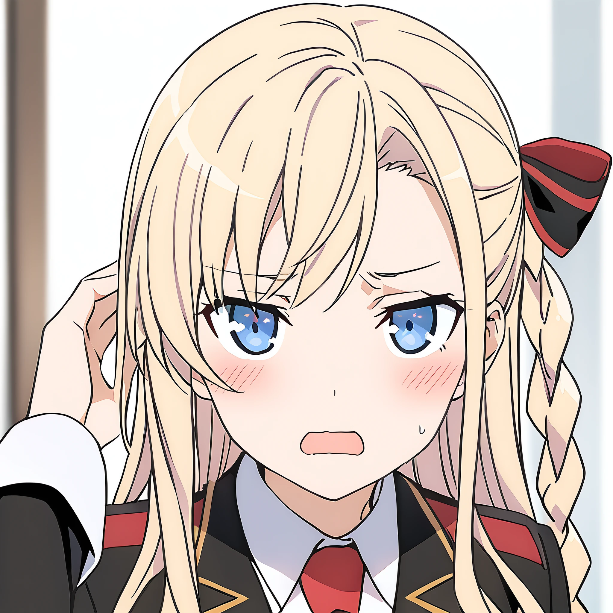 masterpiece,nfsw,INDOOR,
wilhelmina, 1girl, solo, blush, (wilhelmina jacket), wilhelmina shirt, looking at viewer, red necktie, expressing shock, hand on own head, hair bow, upper body, portrait