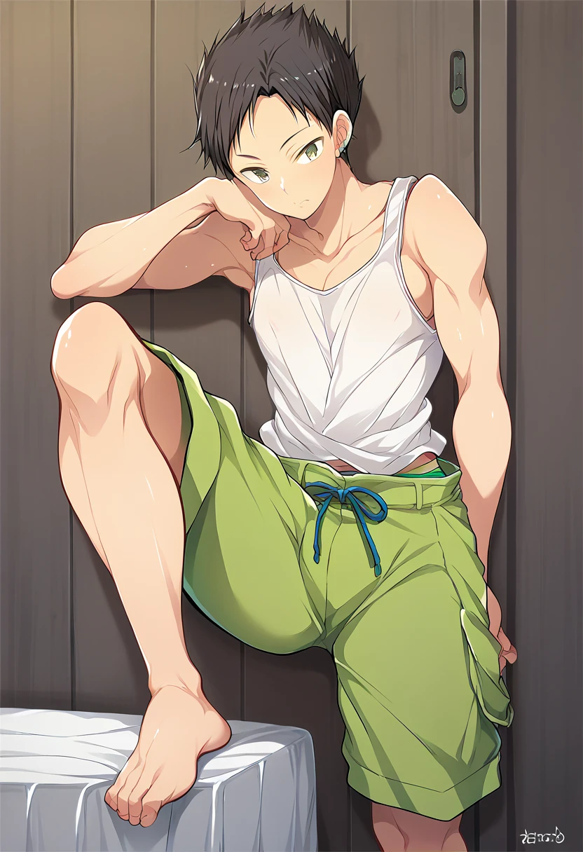 work of art，best qualityer，all-body视图，1 young boy，Young men，Tall and well proportioned，muscular，all-body，bonitas，exquisite eyes，details Intricate，Shorts，There is a huge bulge in the groin，shaggy brown hair，Medium length hair，House background，best light and shadow，sitting down，plantar，Dappled sunlight，giorno，Depth of field，summer，colorfully，ssmile