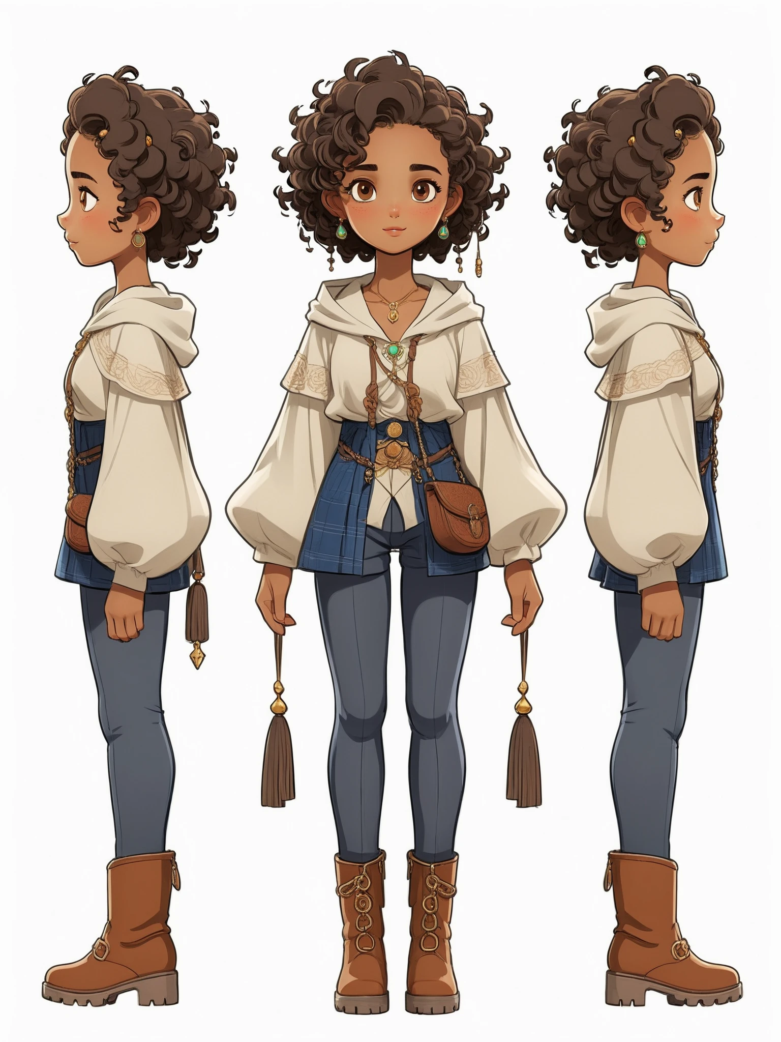 FRESHIDEAS cartoon three view description:,
The design features a unique girl with her iconic African curly hair,her arms hanging down naturally at her sides,and her hair is fluffy and vibrant. Her eyes and hair are a charming brown,giving a warm and intimate feeling.,
In the clothing,she chose brown boots and trousers,with a pair of delicate braids,showing her personality and taste. She wore a cloak or cloak that added both to the mystery and to her elegance. Her mouth is closed,showing firmness and confidence,while her curly hair highlights her unique charm.,
The girl has dark skin,wearing earrings and jewelry,these accessories not only enhance her overall look,but also show her pursuit of beauty and taste. From the back,she was both warm and stylish in a long-sleeved outfit and trousers paired with a white shawl.,
In posture,she appears in a standing posture,sometimes facing the audience,sometimes looking back to the audience,no matter what kind of posture,she reveals her confidence and calmness. This cartoon character is a 2D character concept design,which fully shows her full body image through three views (front, side and back).,
On the overall scale,the design follows the overall scale of the 1.9,where each view (front, side, back) has a 1.5 scale. The head-body ratio is strictly controlled at 1:3 to ensure that the character's body ratio is coordinated and graceful.,
In the background processing,the designer chose a concise style to highlight the main position of the role. At the same time,the overall quality has reached the highest standards,and the details are exquisite,showing the level of a masterpiece.,