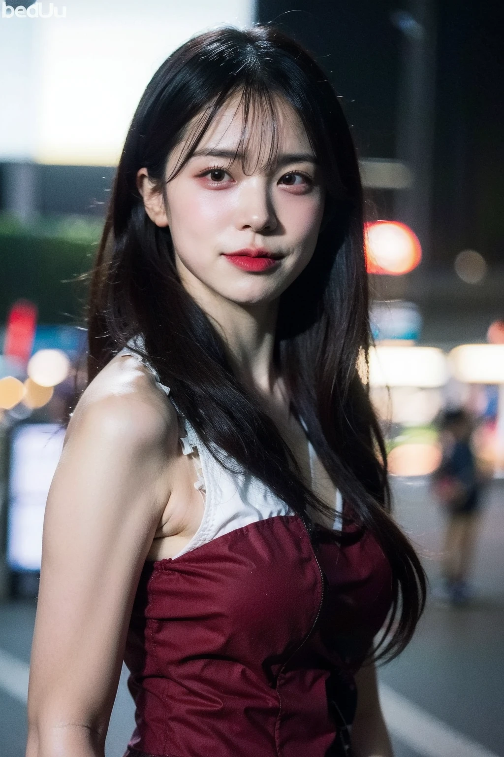 Best quality, masterpiece, ultra high res, (photorealistic), raw photo,1girl, skinny, upper body,solo, realistic, looking at viewer, long hair, bokeh background, city streets, mini dress,  <lora:makina69_leedahye_v1.0:1>