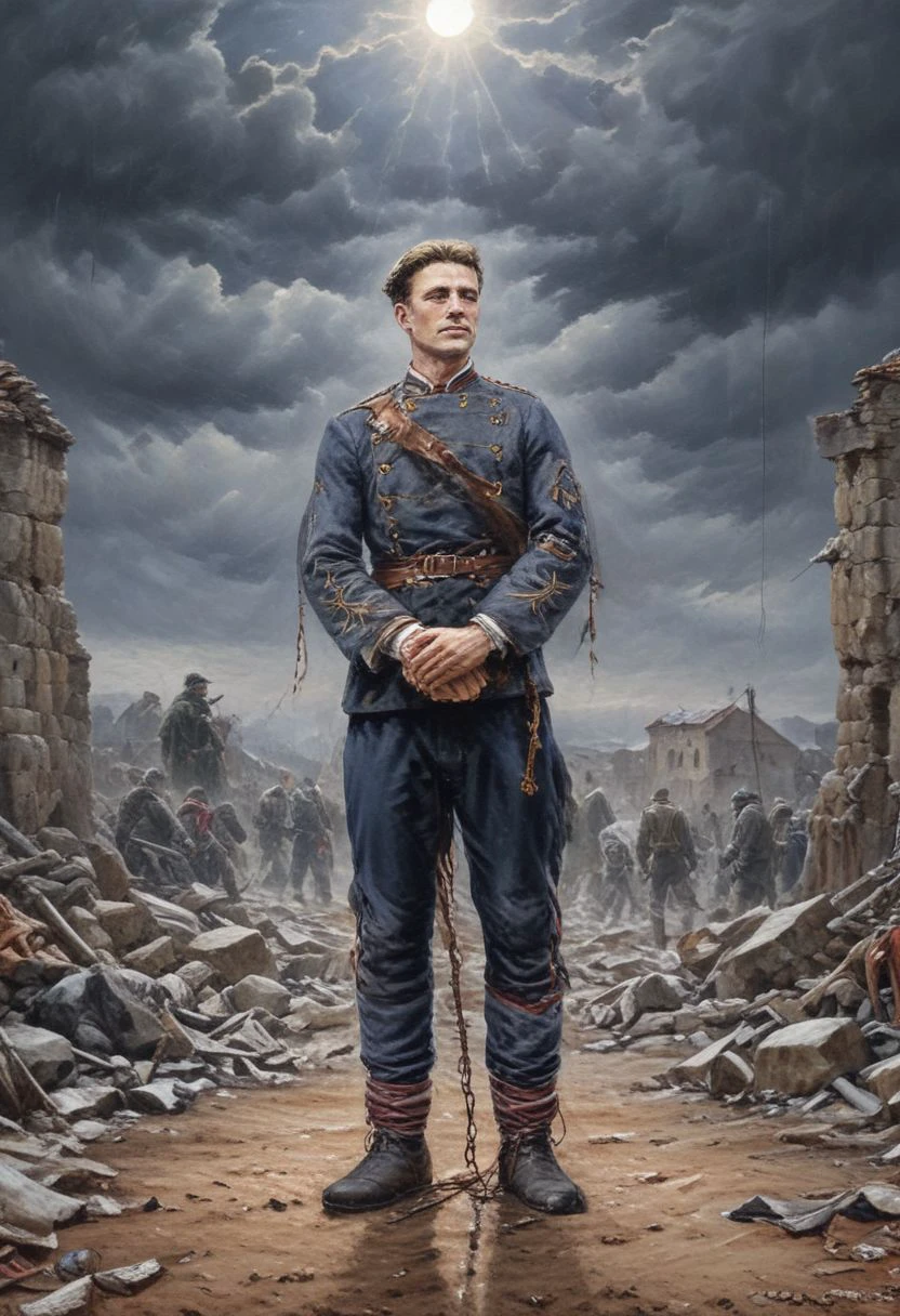 Dramatic and realistic high quality and ultra high resolution image of Vasil Levski in front of the gallows accompanied by Ottoman soldiers, correct anatomy, correct anatomy of arms and legs Vasil Levski: Tall, slender man with a beard and moustache. Dressed in dark clothing, draped with (the yamurluk is a thick woolen outer garment) a folk costume to protect against the cold and rain characteristic of the era (1860s). He radiates courage and determination, but at the same time he is aware of his destiny. hand and foot shackles. (The gallows): (A wooden structure erected in a field near Sofia.) A crowd of people has gathered around it, watching in silence. Their faces are sad, dejected. Some of them may cry or mumble. In the background you can see churches, mosques or other buildings from the era. Atmosphere: dramatic, sad, hard winter, cold weather, stormy wind, dark and gloomy, The air is filled with tension and sorrow, sadness. The sun is setting, casting long shadows. a heavenly ray of light through the clouds falls on Levski, symbolizing his faith and martyrdom. A mountain or other symbol of freedom must be visible behind the gallows. wolves in the distance, children crying, resistance