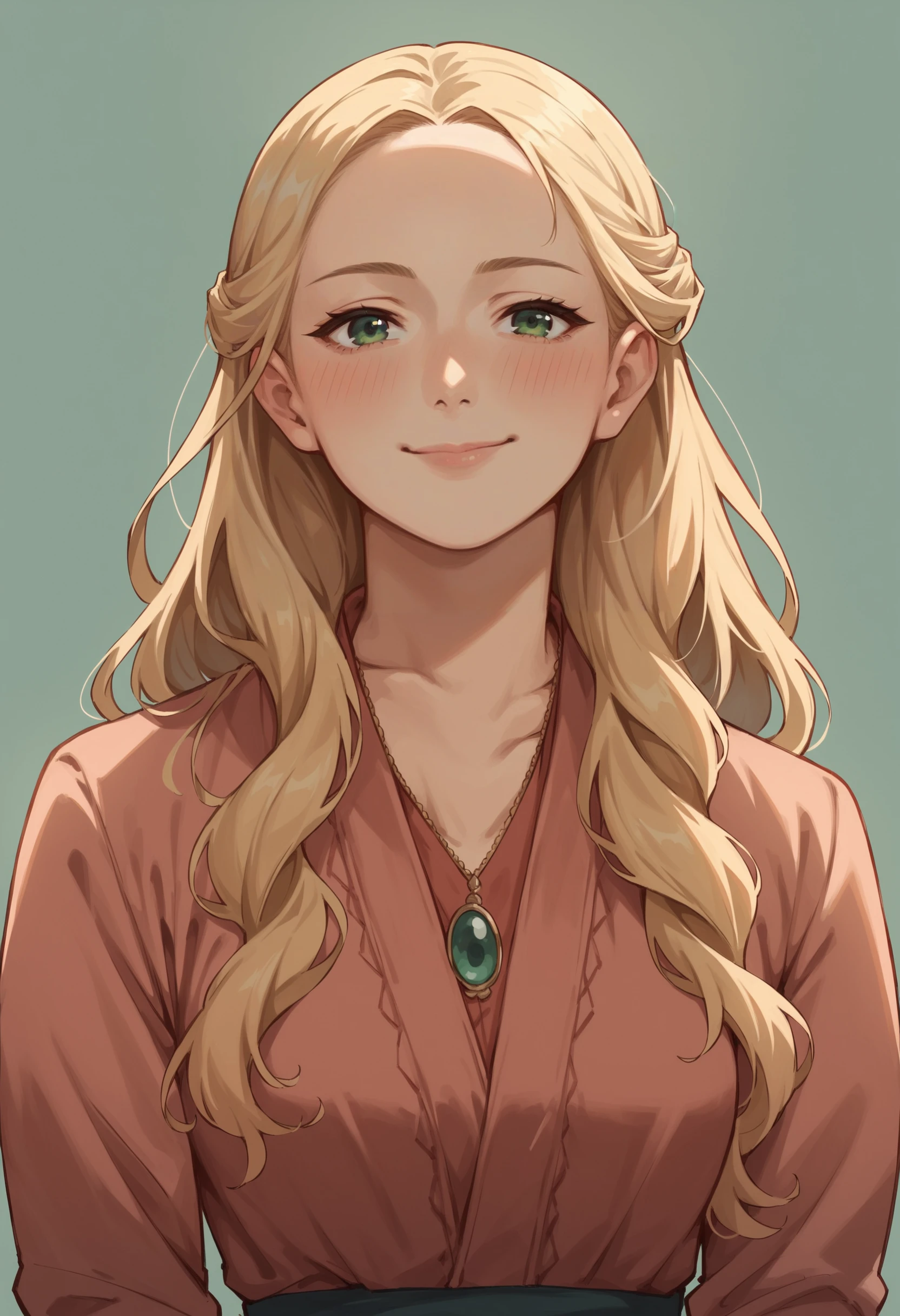 score_9, score_8_up, score_8, source_anime, 1girl, <lora:CerseiLannister_r1:0.95> solo, medium breasts, long hair, blonde hair, green eyes, dress, upper body, smile, blush, looking at viewer,
light blue background, simple background,