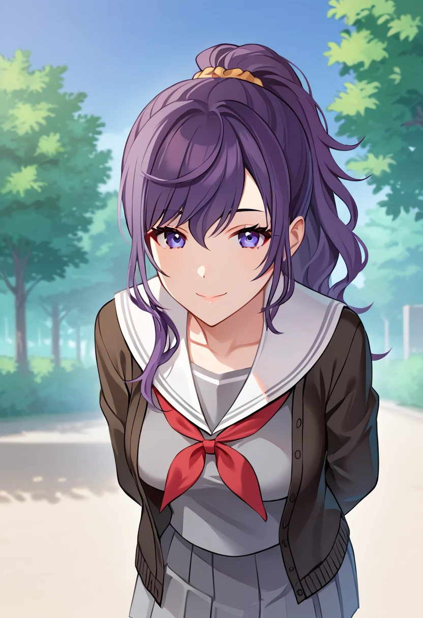 asahina_mafuyu, purple hair, long hair, ponytail, purple eyes,medium breasts, school uniform, red neckerchief, neckerchief, black gardigan, open cardigan, grey shirt, grey skirt, white sailor collar, 
BREAK
school building in background
BREAK
cowboy shot, looking at viewer, standing,closed mouth, sexy smile, front view, bent over, flirty, arms behind back
BREAK
best quality, masterpiece,score_9, score_8_up, score_7_up, perfect hand, , source_anime, zPDXL, <lora:Asahina_Mafuyu_r2:0.8>