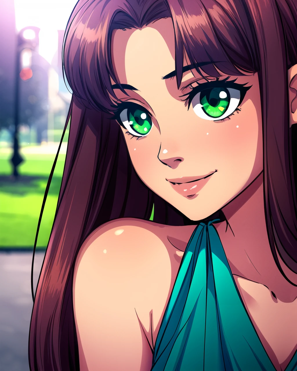 masterpiece, high quality, blolga, 1girl, close shot, green eyes, purple sleeveless dress, outdoors, park, evening, light smile, <lora:blolga:0.75>, <lora:add_detail:1>