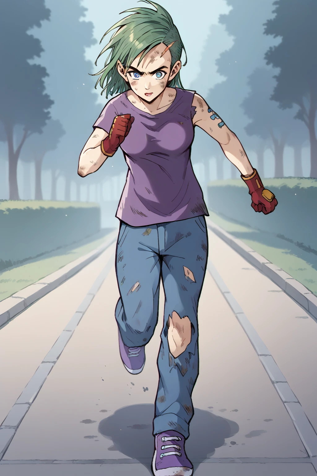 (score_9,score_8_up, score_7_up:1.1), source_anime,rating_safe, (Xkinerax:1.1), (running:1.0), frontal perspective, long wide jean pants with tears at the knees, big purple sneakers, purple t-shirt, dirty ,beautiful face, Red gloves with yellow details, elbows, panic face,blue eyes<lora:EMS-405310-EMS:1.000000>