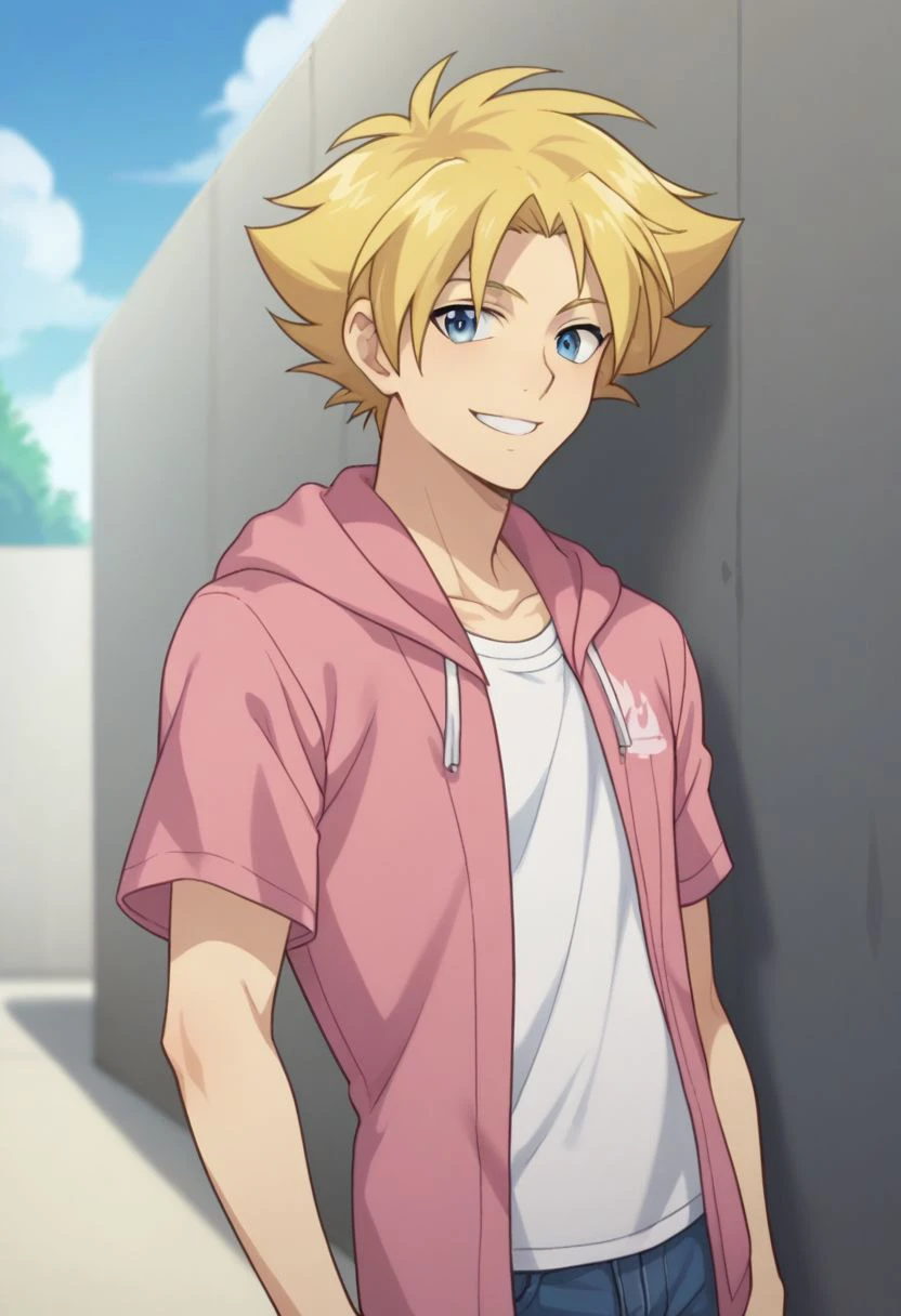 score_9, score_8_up, score_7_up, source_anime, highly detailed, 
taishi, male focus, 1boy, solo, smile, blonde hair, hood,  blue eyes, hoodie, pink hoodie, hood, open cloth, t-shirt, white t-shirt, pants, upper body,
outdoor, sky,