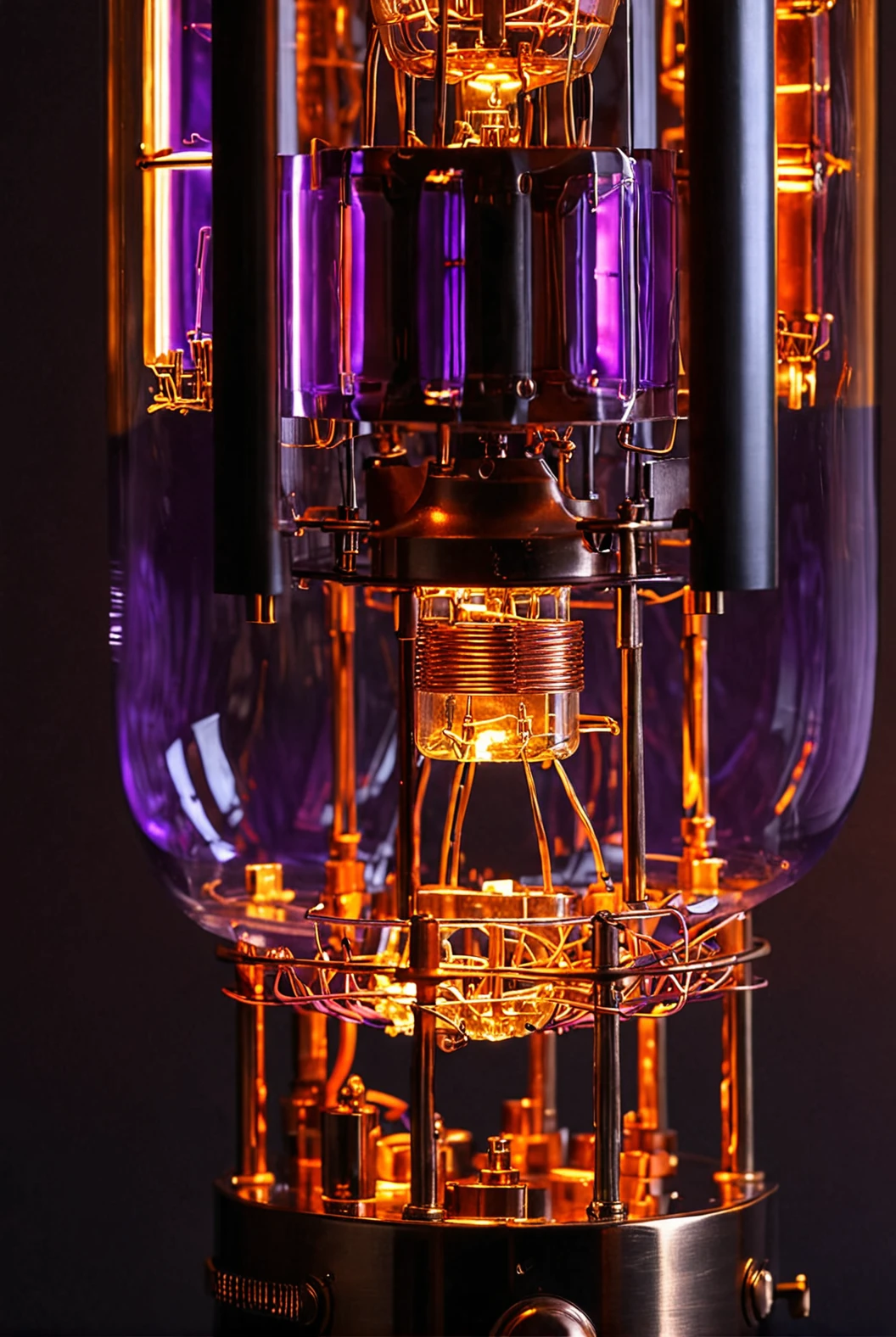 ((mechanical, tall lamp in dark room)), steampunk, vacuum tubelights, extreme close up, abstract, realistic wires, reflective glass, art deco, lamp stand, brass, bronze, glowing orange and purple
[reflections, vibrant lighting, realistic, high quality photo, 4k, hd]
 <lora:Vacuum Tubes v1.0:0.6>