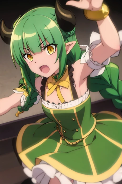 maximum quality, intrincate details, female Izuku Midoriya, long green hair, big breasts, big hips, provocative pose, sexual body, sexual smile, light blush, looking at viewer, keeping eye contact, green short skirt, emerald top, cleavage, precise hands, cleavage, breasts showing under top