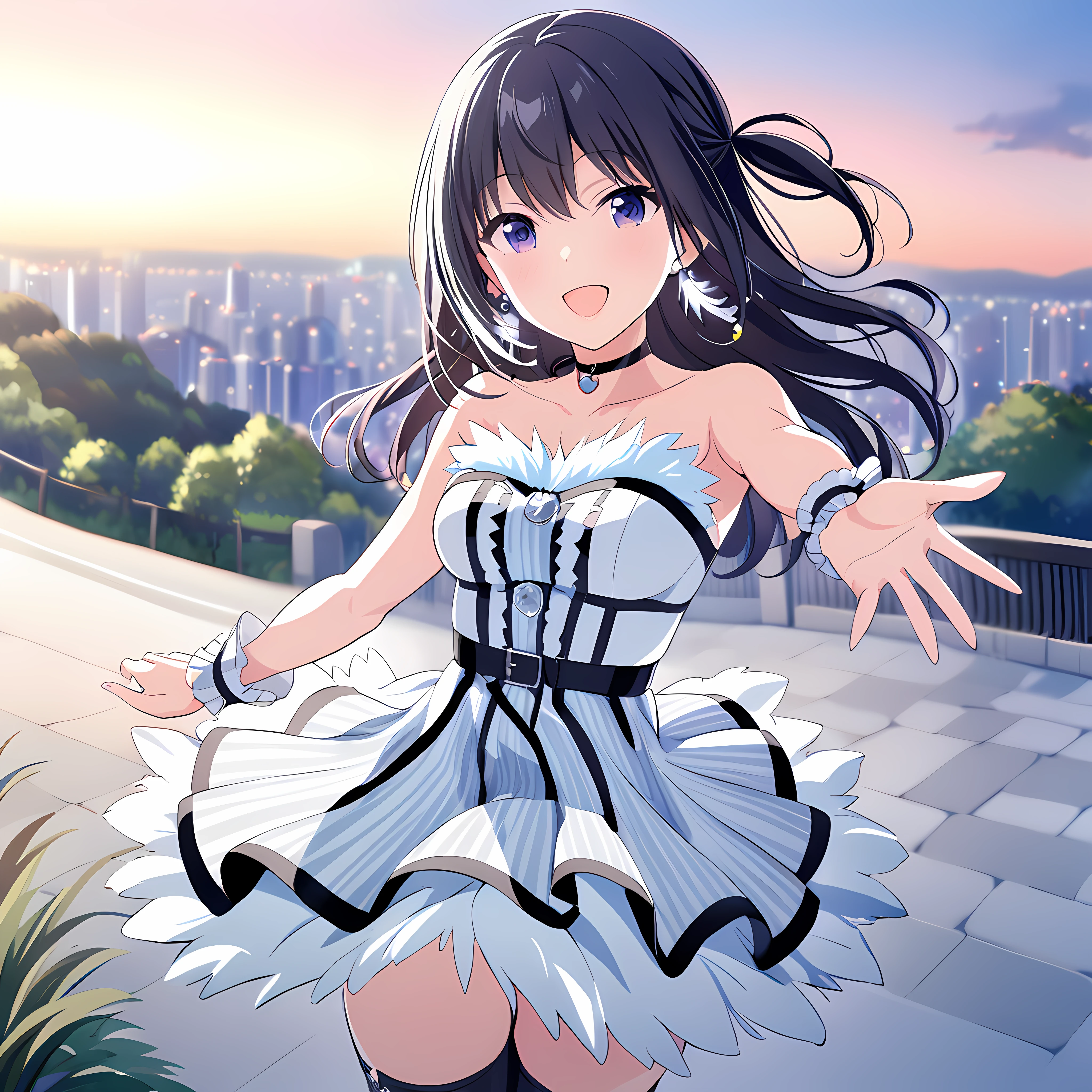 masterpiece,nfsw,outdoor,
nagasemana, 1girl, solo, smile, nagaseman strapless dress, nagasemanidoly earrings, nagasemanidoly choker, nagasemanw thigh boots, nagasemanidoly wrist cuffs, looking at viewer, open mouth, reaching out, hand on own chest, standing,