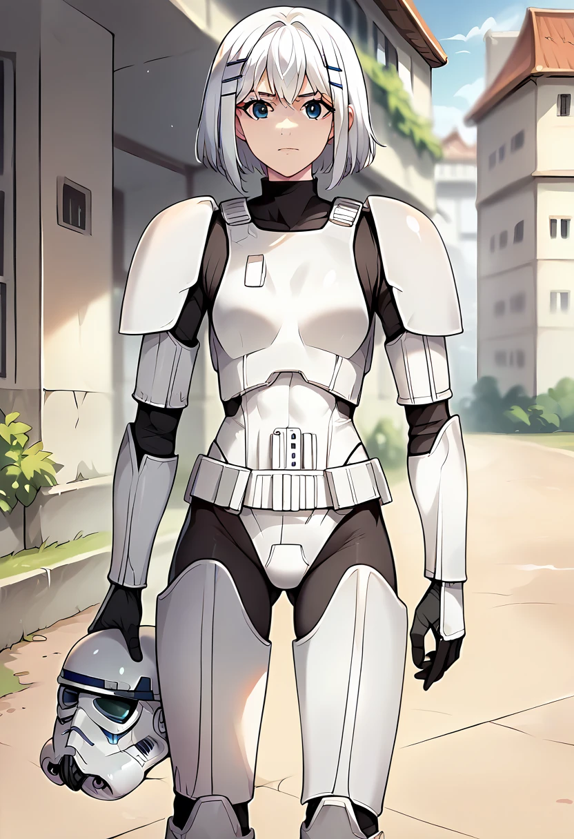 score_9, score_8_up, score_7_up, source_anime, masterpiece, 1girl, solo, ctiantobii, ctiantk421, armor, leotard, bodysuit, greaves, black gloves, looking at viewer, helmet removed, outdoors, holding helmet, <lora:Stormtrooper_tk421_pony_clothing_ct:0.7>,  <lora:Origami_Tobiicchi_pony_ct:0.8>