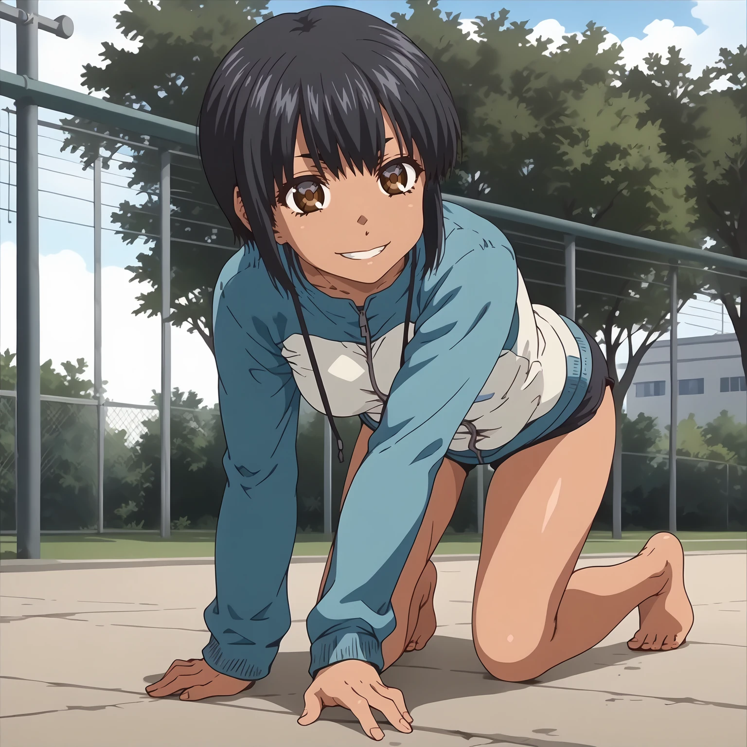 <lora:SoAkahoriXLpony001>,
looking at viewer,smile,
solo,
SoAkahori,1girl,black hair,short hair,brown eyes,tan,
gym jacket,long_sleeves,
shorts,naked leg,
outdoors,
full body,all fours,