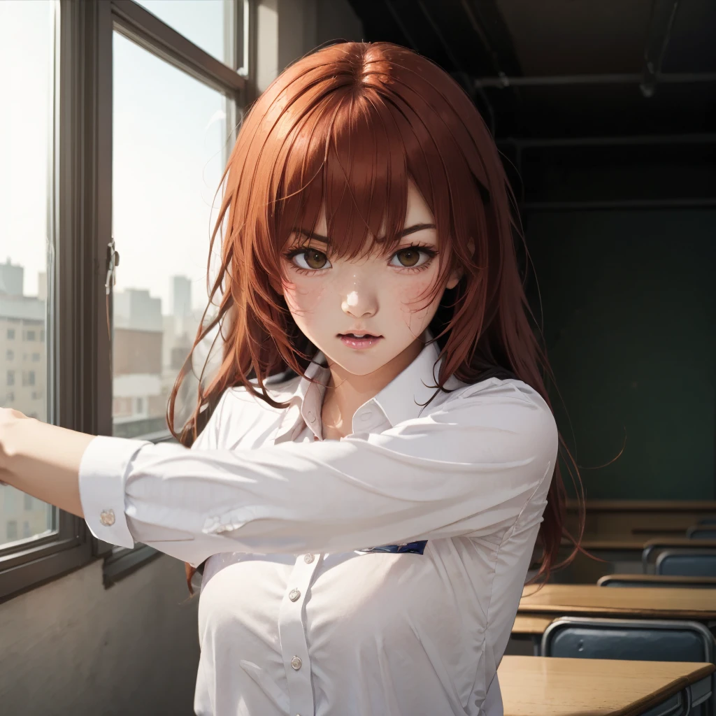 masterpiece, best quality,
long hair, ginger, orange hair,
<lora:gostlapped.sd15.v2:0.9>
(gostlapped), (angry:0.8), 1girl, indoors, school uniform, white shirt, collared shirt, motion lines,
motion blur,