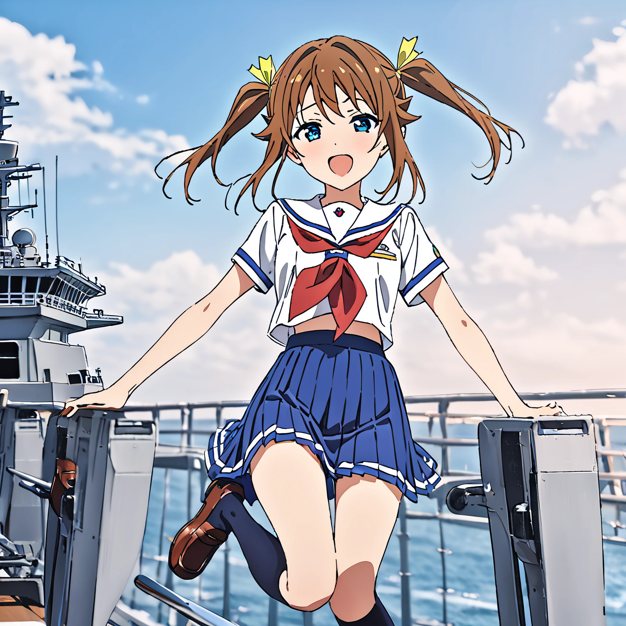 1girl,AkenoMisaki,solo, looking at viewer, smile, hair ribbon, serafuku, blue skirt, red neckerchief, school kneehighs, loafers, open mouth,

masterpiece,nfsw,on battleship,newest,sky,