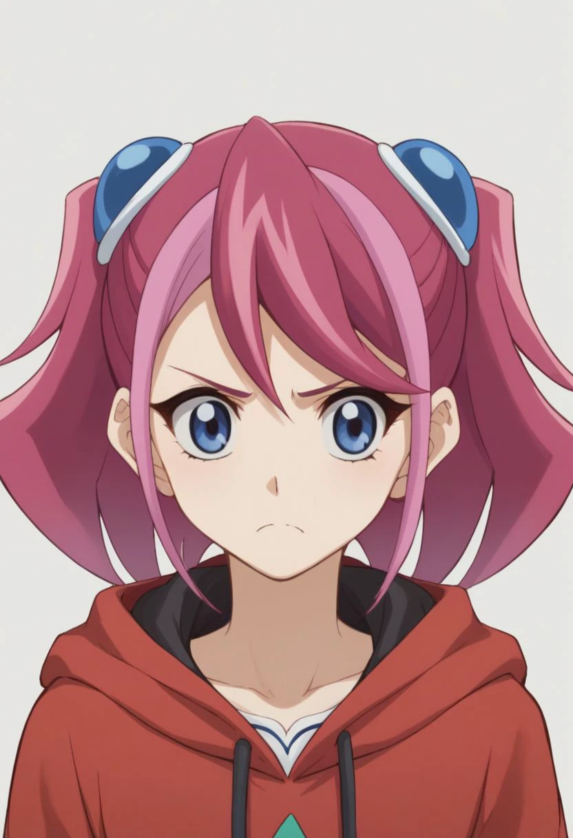 score_9, score_8_up, score_7_up, source_anime, highly detailed, 
zuzu, 1girl, solo, blue eyes, pink hair, multicolored hair, two-tone hair, twintails, short twintails, hood, red hood, frown
outdoor,