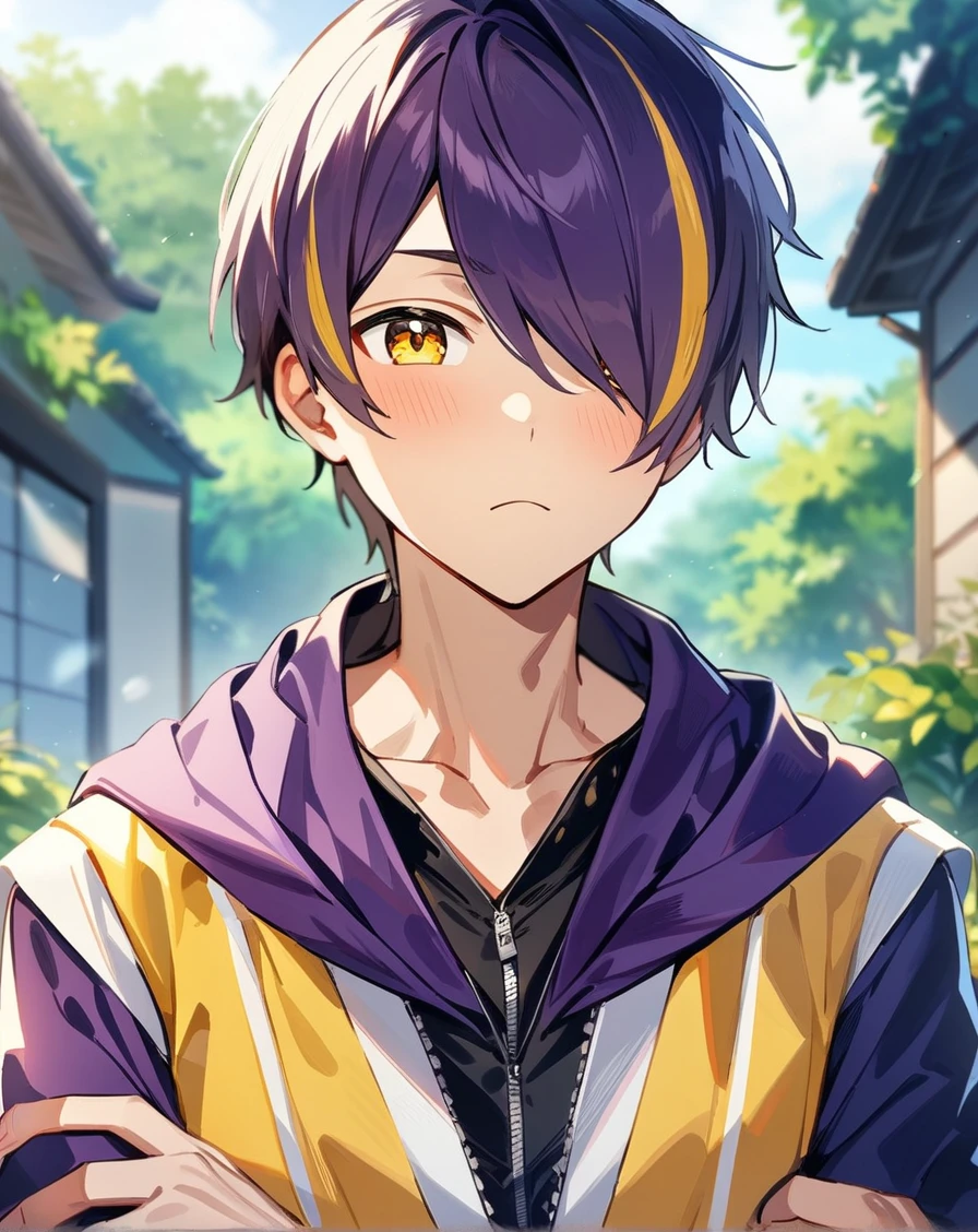 1boy, solo, male only, male focus, upper body, <lora:sengoku_shinobu_sdxl_lora:1>, (sengoku shinobu, purple hair, streaked hair, yellow hair, short hair, hair between eyes, bangs, yellow eyes), outdoors, looking at viewer, masterpiece, best quality, very aesthetic, absurdres, very detailed, sensitive, <lora:Lightning-8:0.5>