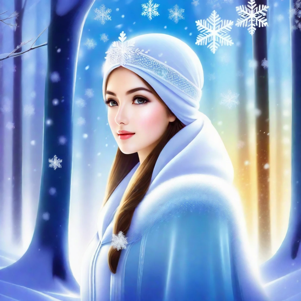1girl with prominent eyes,standing in a snowy winter forest,snowflakes gently falling on her,trees heavily laden with snow,expression of serene determination,wearing warm,stylish winter attire,soft glow from the snow's reflection on her face,capturing the tranquility of the scene,in a digital painting,ultra clear,with a touch of magical realism,<lora:SDXL Snow Princess v1.3:0.6>,