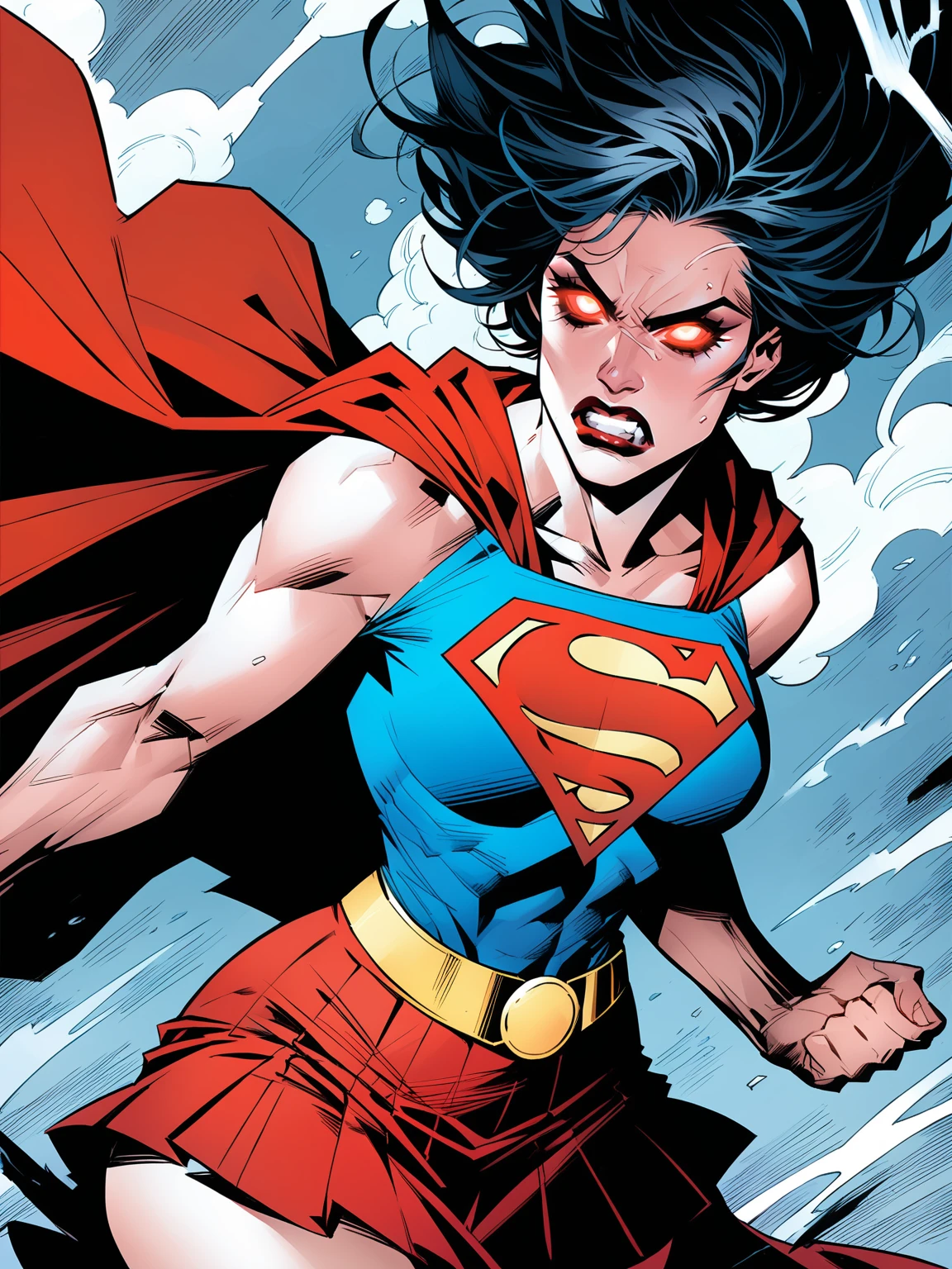 score_8_up, score_7_up, cowboy shot of supergirl, athletic, short black hair, wide hips, red skirt, makeup, glowing red eyes, cape, angry, storm clouds, jim lee style, western comics \(style\),