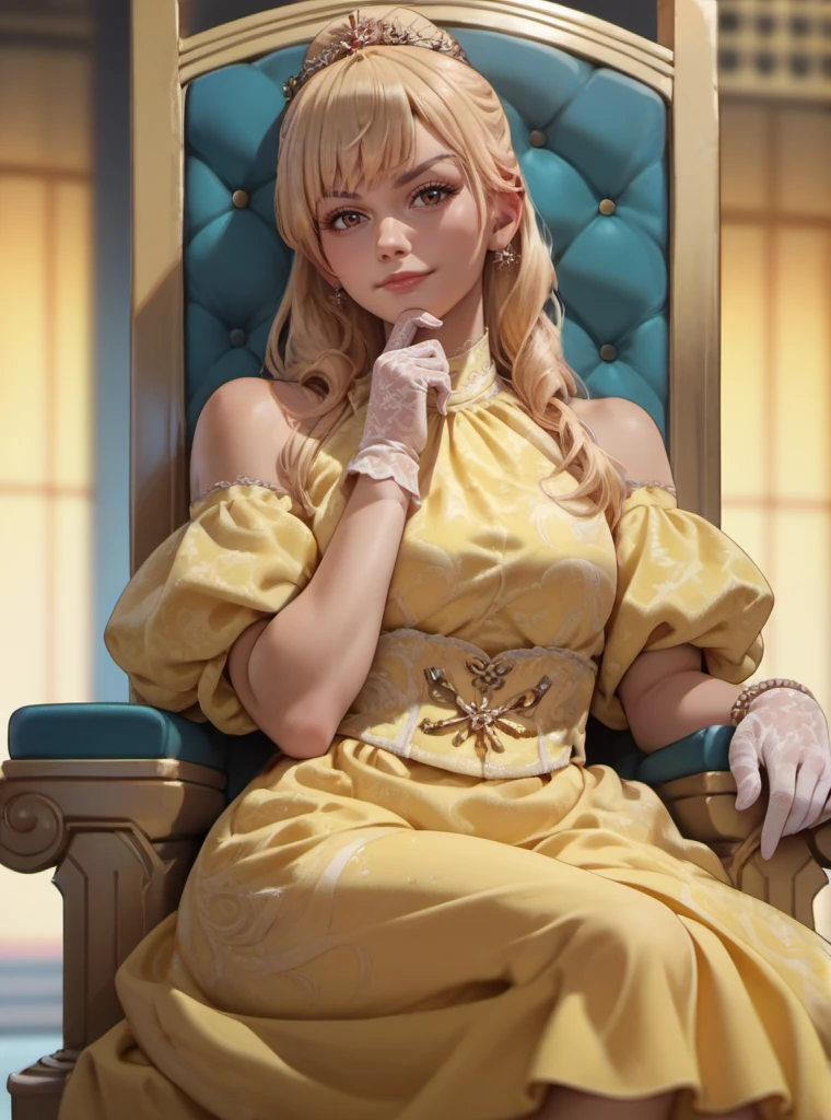 score_9, score_8_up, score_7_up, score_6_up, score_5_up, score_4_up score_9,score_8_up, 1girl, 1girl, hymenoran, (japanese woman), blonde hair, brown eyes, long hair, yellow dress, white gloves, sitting on throne, small smirk, closed mouth, regal, hand on chin, shexyo, anime,shexyo style<lora:EMS-344129-EMS:0.800000>, <lora:EMS-405073-EMS:0.800000>