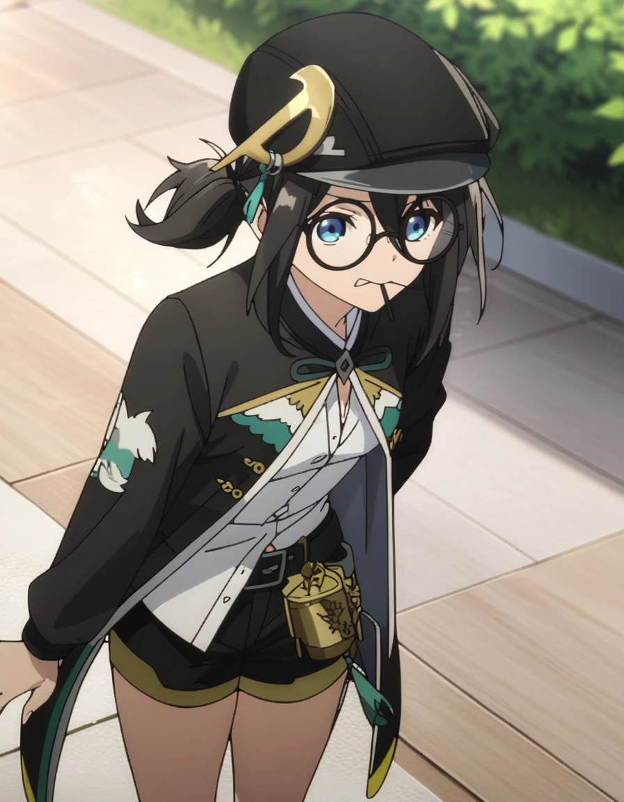 masterpiece,best quality,very aesthetic,absurdres,
outdoors,talking,full body,
<lora:maque_xl:0.8>,fellowmoon-maque,1girl,solo,shorts,hat,blue eyes,black hair,black shorts,glasses,shirt,black headwear,round eyewear,white shirt,cowboy shot,jacket,black jacket,mouth hold,long sleeves,jewelry,<lora:Anime_Screencap:1>,anime screencap,