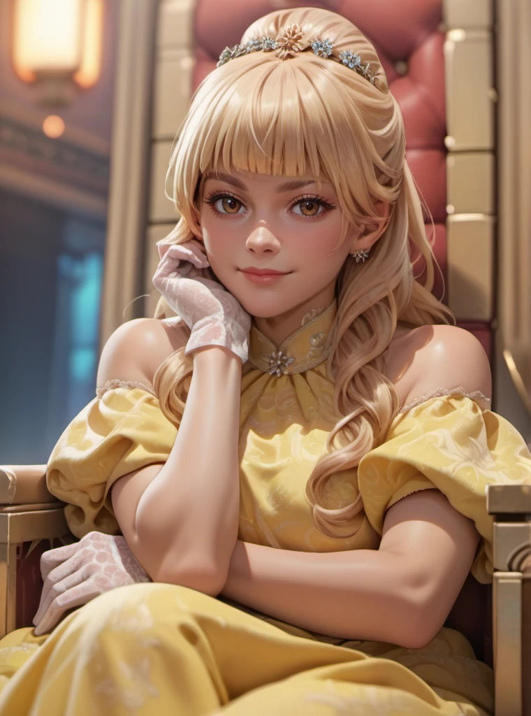 score_9, score_8_up, score_7_up, score_6_up, score_5_up, score_4_up score_9,score_8_up, 1girl, 1girl, hymenoran, brown eyes, (japanese woman), blonde hair, long hair, yellow dress, white gloves, sitting on throne, small smirk, closed mouth, regal, one hand on chin, one hand on arm rest, shexyo, anime<lora:EMS-344129-EMS:0.800000>, <lora:EMS-405073-EMS:0.800000>