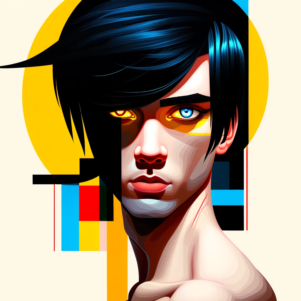 portrait, multicolored hair, breasts, yellow eyes, male focus, black hair, blue eyes, black background