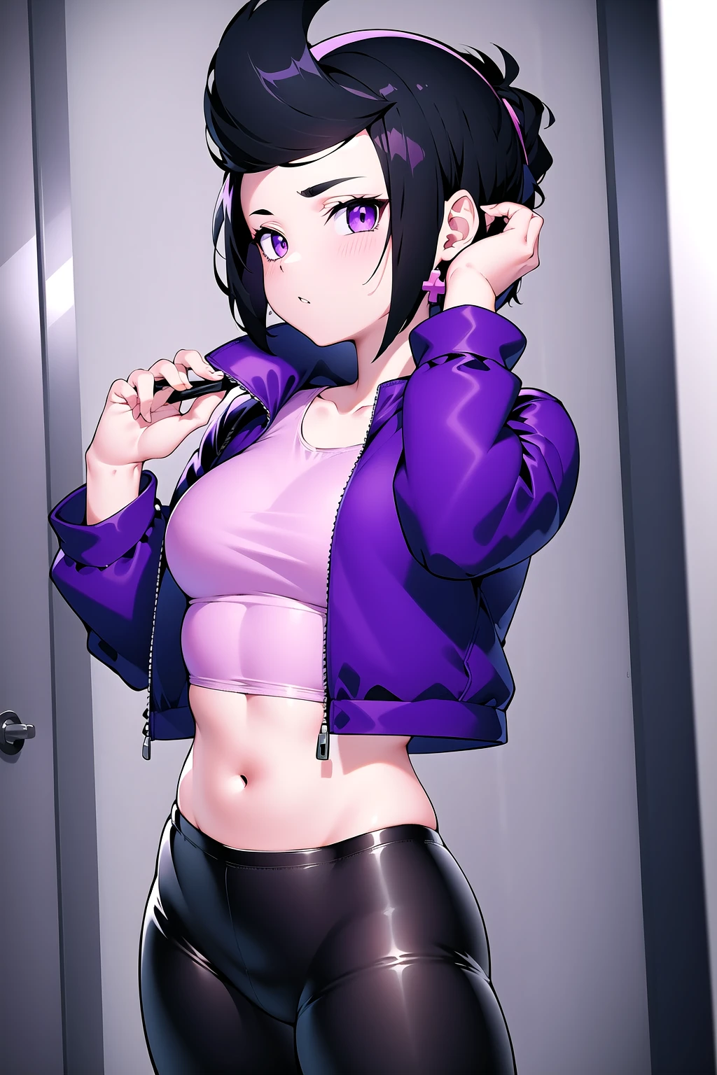 (masterpiece, best quality), bibiBS, 1girl, solo, athletic body, purple eyes, black hair, short hair, cross earrings, purple jacket, crop jacket, long sleeves, crop top, pink top, midriff, black pants, <lora:Bibi__Brawl_Stars:0.7>,
(dressing:1.3)