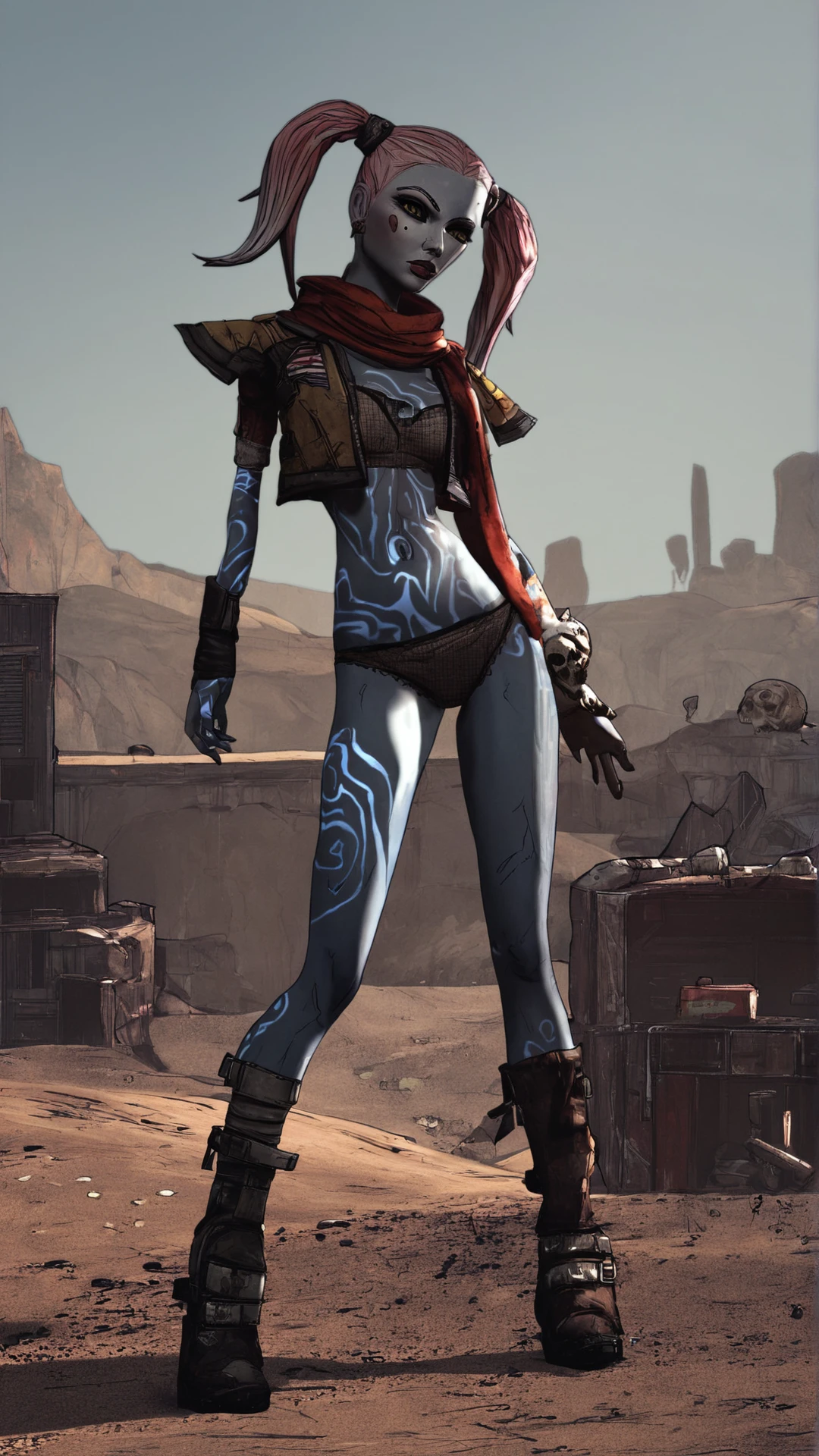 score_9, score_8_up, score_7_up, score_6_up, score_5_up, score_4_up, <lora:2BorderlandsStyle_epoch_8:0.9> borderlands_style, desert, building, 
ladyzozo, (blue_skin:1.2), scarf, pink_hair, twintails, skull_hair_ornament, yellow_eyes, hair_over_one_eye, panties, (high quality, detailed, beautiful)