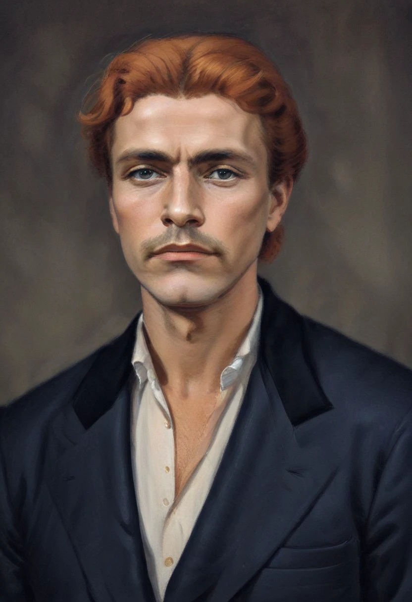 realistic high-quality ultra-high resolution image depicting Vasil Levski, arrested and thrown into the dungeon where he awaits his sentence 
Vasil Levski:
Age: 34 years
Height: About 170cm
Build: Athletic, strong
Hair: ginger, short, with gray streaks
mustache thick red pointed
Eyes: Blue, penetrating
Face: Oval, with well defined cheekbones and chin
Expression: Serious, determined, with a slight note of sadness
clothing:
Dark brown yamurluk Yamurluk is a thick outer garment of the traditional costume, designed to protect against cold and rain. Biwa with or without sleeves, made of woolen woven fabric (aba), or non-woven / felted wool and fur and compacted with tepaw.
White high collar shirt
Black pants
Brown boots
Additional details:
He wears a (revolver) in his belt 
He has a bullet scar on his left cheek
He holds a notebook in his right hand
Emotion:
Courage
Determination
Patriotism
Self-sacrifice