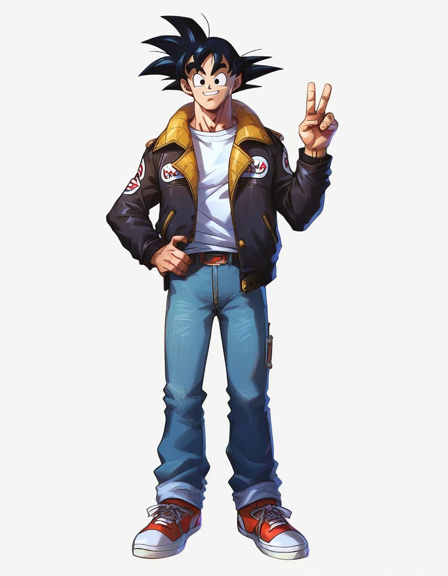 score_9, score_8_up, score_7_up,
gokuxl, solo,1boy, black eyes, looking at viewer, full body, smile, v, hand on own hip, jeans,jacket, sneakers, white background,
<lora:gokuxl-000004:0.8>,