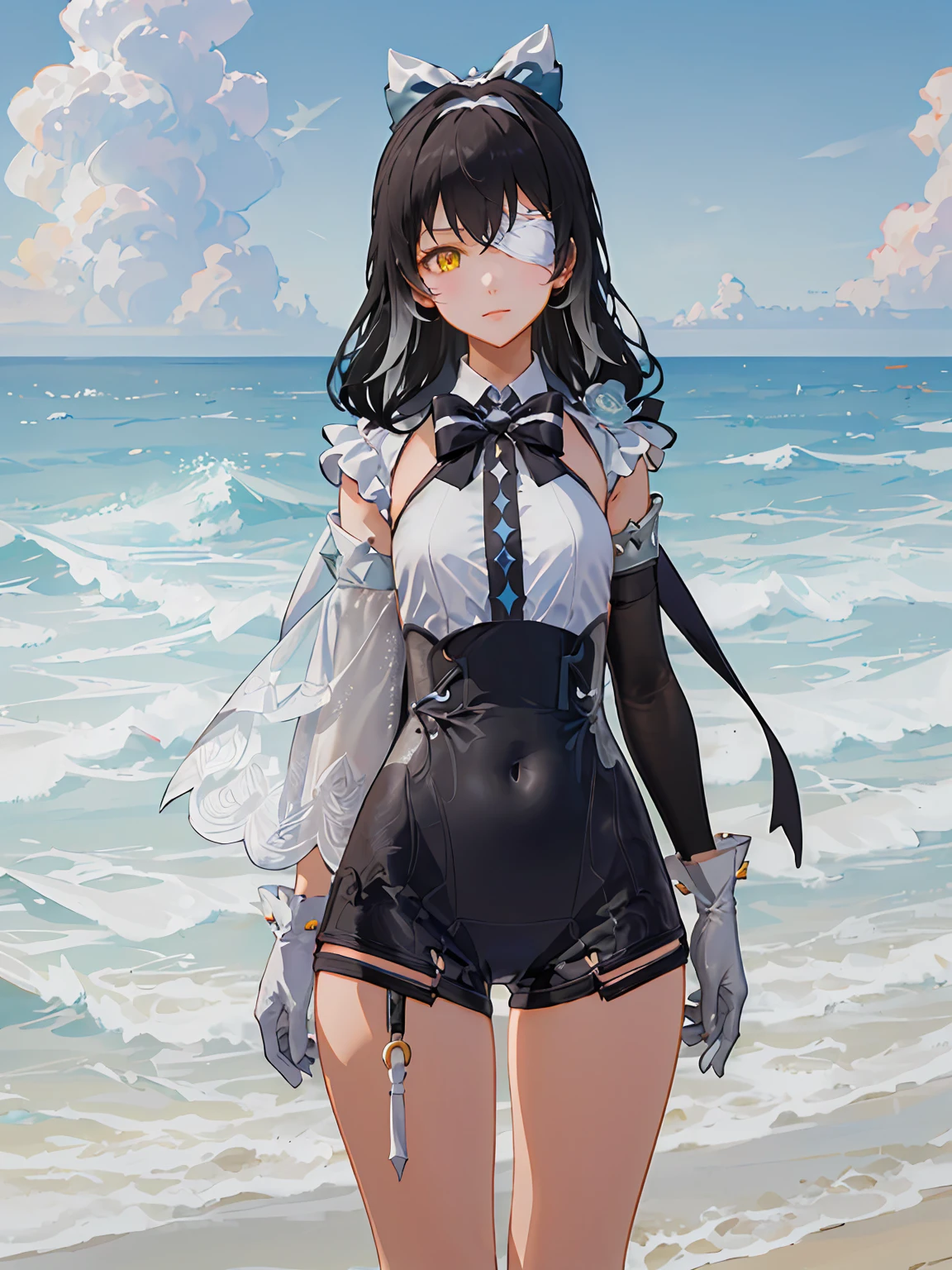 MAUXIR, leotard, asymmetrical_sleeves,  single_gloves,  bowtie, hair_bow, yellow_eyes, eyepatch, two-tone_hair,  long hair,  black hair,  cowboy shot,  1girl, solo,  looking at viewer, standing,  day, beach, ocean, blue sky, cloud, summer,  (masterpiece,best quality,beautiful and aesthetic:1.2),  <lora:MAUXIR-V3:1>