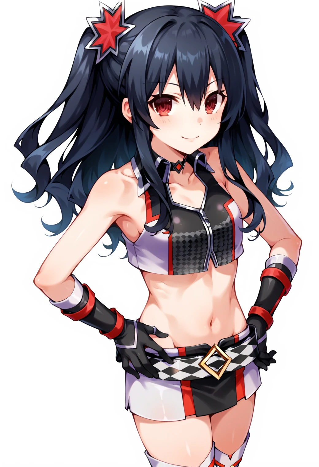 score_9, score_7_up, hd, (ultra hd quality details), white background,
solo, 1girl, uninpbase, red eyes, black hair, two-side up, hair between eyes, hair ornament,
clgidolclothes, alternate costume, hair ornament, flat chest, small breasts, race queen, bare shoulders, midriff, belt, black gloves, gloves, miniskirt, thighhighs,
looking at viewer, smile,
hand on own hip,
<lora:_uni-neptunia-elesico-pony_r1:1>