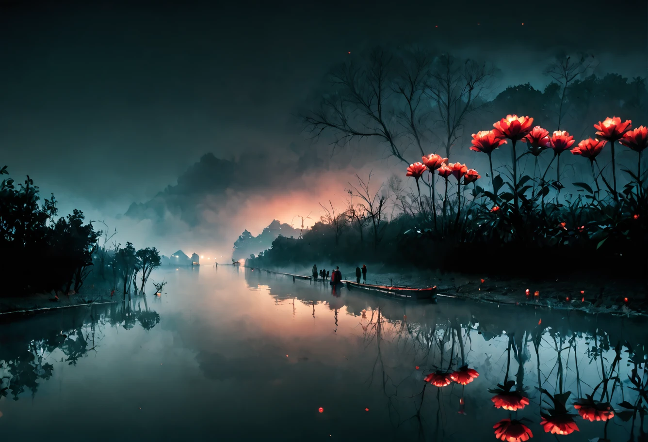 score_9,score_8_up,score_7_up,8k,,ruanyi0699,fog,night,red sky,reflection,red theme,flower,no humans,<lora:0699 Wangchuan River_v1_pony:1>