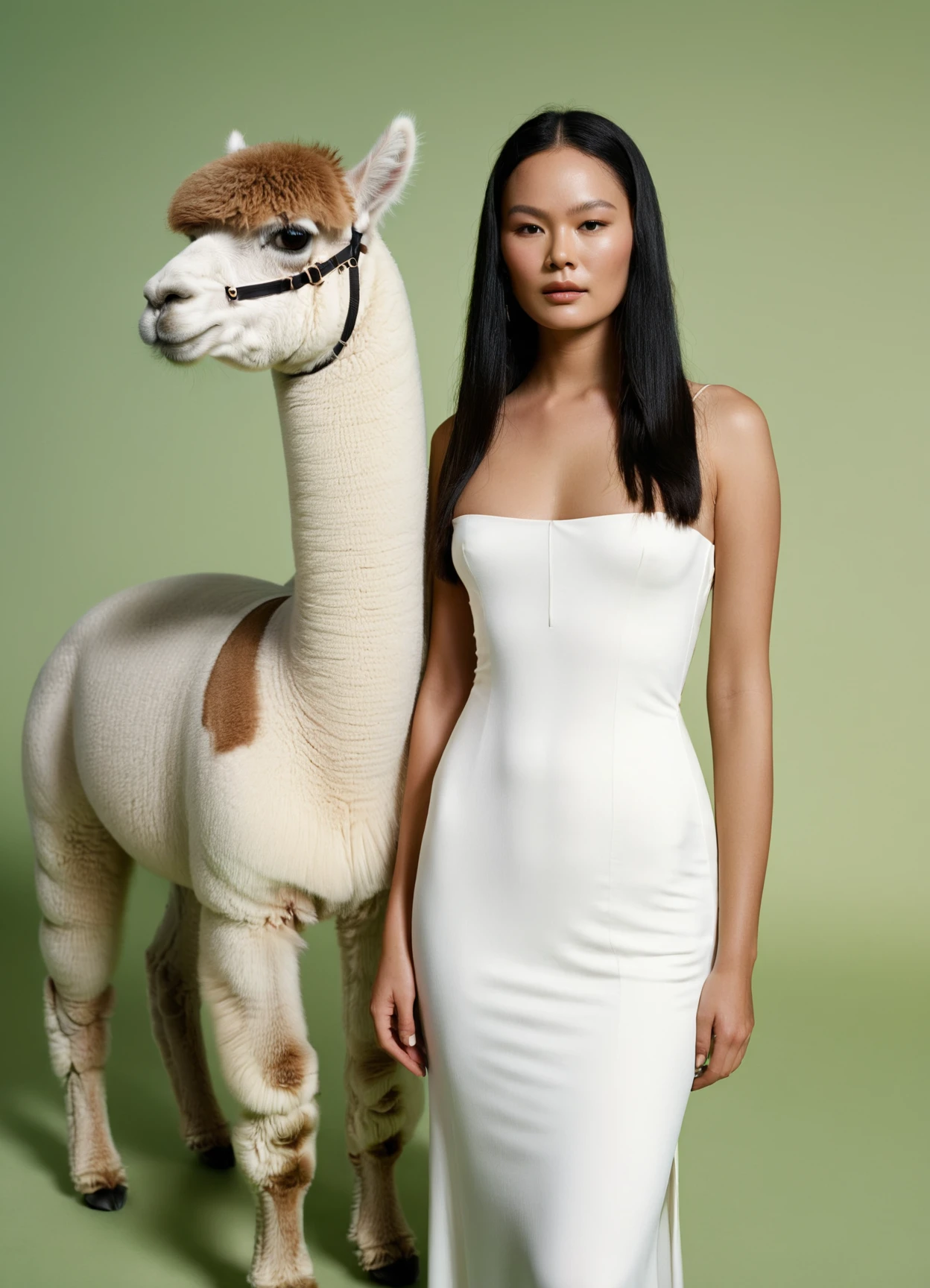 Cinematic, editorial photography, full shot of a stunningly beautiful Asian woman with long black hair wearing a minimal white dress reavealling skin, a large regal alpaca standing beside her, set against a light green background, circa 2024, shot by Canon EOS R6 using Kodak Portra 400, by Tim Walker, whimsical, soft natural lighting, gentle pastel tones 