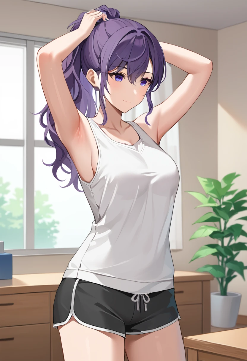 asahina_mafuyu, purple hair, long hair, ponytail, purple eyes,medium breasts, white shirt, gray dolphin shorts
BREAK
indoors, bedroom
BREAK
cowboy shot,  standing,closed mouth, neutral look, tying hair, arms behind head
BREAK
best quality, masterpiece,score_9, score_8_up, score_7_up, perfect hand, , source_anime, zPDXL, <lora:Asahina_Mafuyu_r2:0.8>