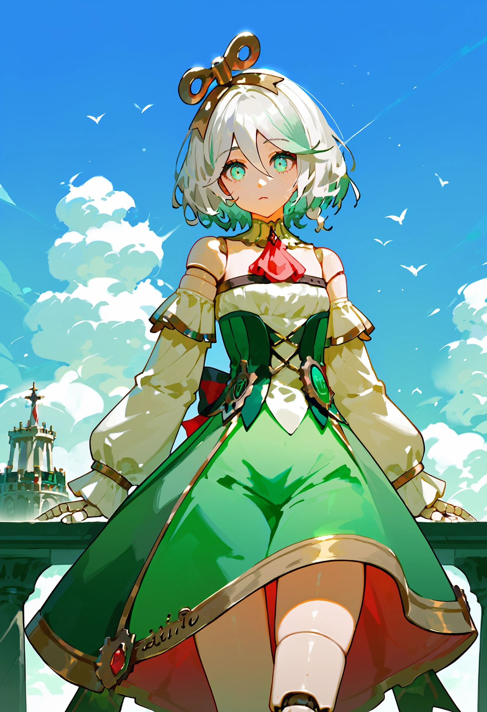 score_9, score_8_up, score_7_up, score_6_up,
cimmrg, 1girl, short hair, bare shoulders, dress, red ascot, long sleeves, white hair, green dress, joints, cowboy shot, sky
BREAK <lora:KitsuneAi_CeciliaImmergreen-XL_DoRA-V1-000009:1>