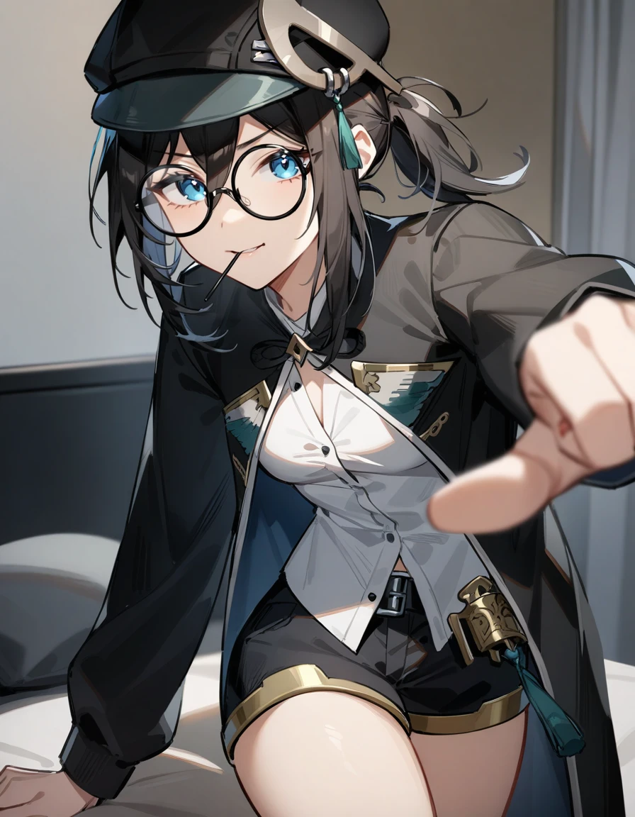 masterpiece,best quality,very aesthetic,absurdres,
looking at viewer,sitting on bed,punching towards viewer,
<lora:maque_xl:0.8>,anotherstyle,fellowmoon-maque,1girl,solo,shorts,hat,blue eyes,black hair,black shorts,glasses,shirt,black headwear,round eyewear,white shirt,cowboy shot,jacket,black jacket,mouth hold,long sleeves,jewelry,