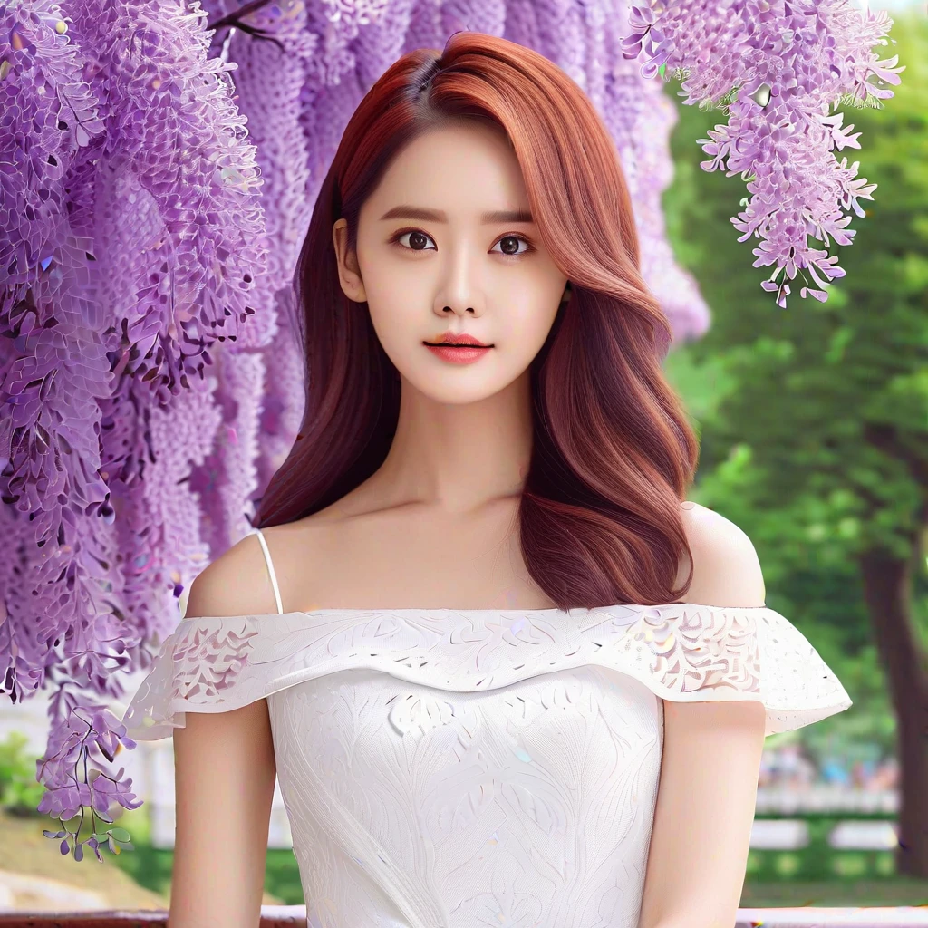 yoona, 1girl, best quality, photorealistic, 8k, high res, full color, 20 years old woman, (closed mouth:1.2), (skindentation), (portrait:0.6), wisteria tree, park bench, daylight, (park background:1.2), full color, ((dress white:1.2)), looking at viewer:1.3, (1girl eyes looking at viewer:1.3), detailed eyes, detailed iris, beautiful face, (medium-length hair, beautiful hair, (bokeh), highres