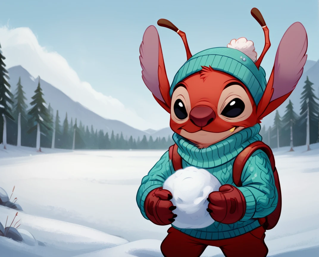 score_9, score_8_up, score_8,   <lora:Leroy_aka_Experiement_627_Leroy_and_Stitch_for_PonyXL:0.8> 1boy, furry, antennae, ler0y, solo, black eyes, solo, snow, outdoors, sweater, beanie, mittens, snowball