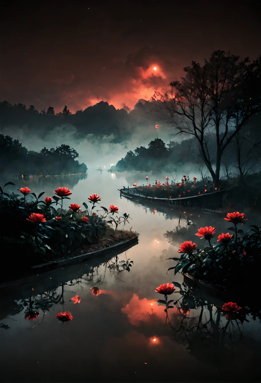 score_9,score_8_up,score_7_up,8k,,ruanyi0699,fog,night,red sky,reflection,red theme,flower,no humans,<lora:0699 Wangchuan River_v1_pony:1>